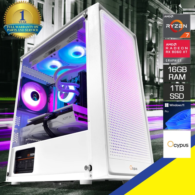 Aurora C50 White Desktop Gaming PC | AMD Ryzen 7 8700F | 16GB (2x8GB) RAM | 1TB SSD | RX 9060 XT | Windows 11 Pro