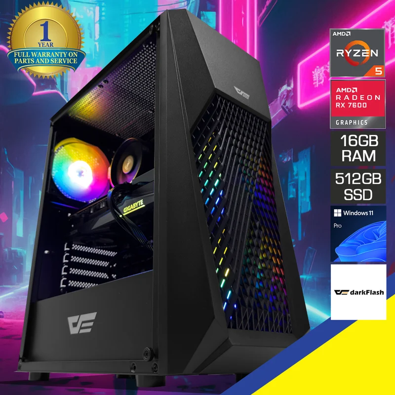 Alpha DK150 Black Desktop Gaming PC | AMD Ryzen 5 5500 | 16GB (2x8GB) RAM | 512GB SSD | RX 7600 | Win 11 Pro