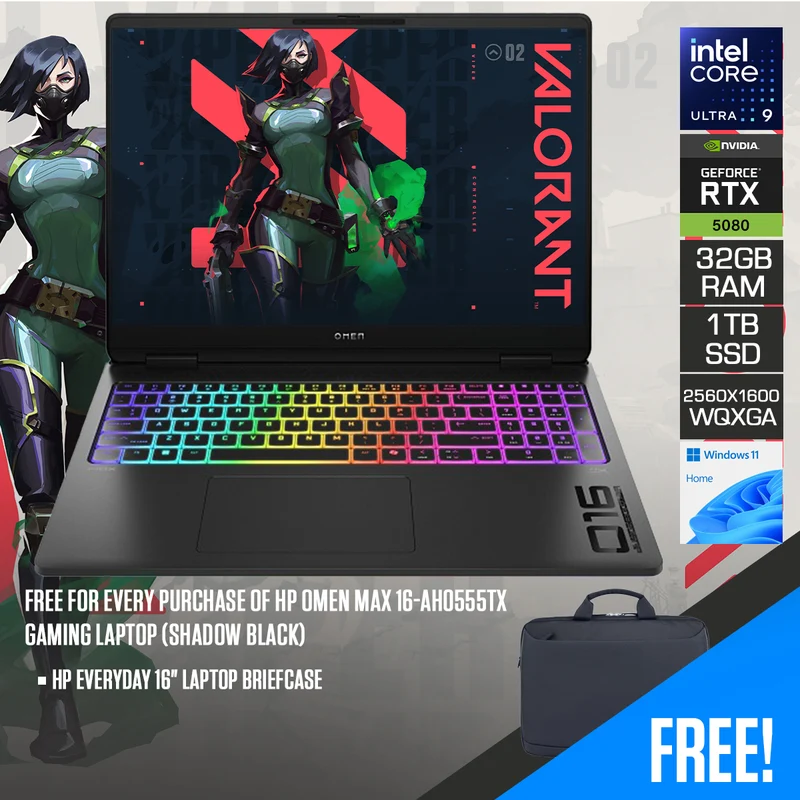HP OMEN MAX 16-ah0555TX Gaming Laptop (Shadow Black) | 16" WQXGA (2560x1600) IPS 240Hz | Core Ultra 9 275HX | 32GB RAM | 1TB SSD | RTX 5080 | Windows 11 Home + HP Everyday 16" Laptop Briefcase