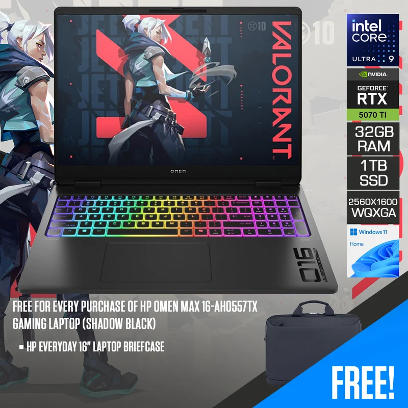 HP OMEN MAX 16-ah0557TX Gaming Laptop (Shadow Black) | 16" WQXGA (2560x1600) IPS 240Hz | Core Ultra 9 275HX | 32GB RAM | 1TB SSD | RTX 5070 Ti | Windows 11 Home + HP Everyday 16" Laptop Briefcase