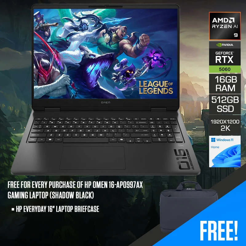 HP OMEN 16-ap0997AX Gaming Laptop (Shadow Black) | 16" 2K (1920x1200) IPS 165Hz | Ryzen AI 9 365 | 16GB RAM | 512GB SSD | RTX 5060 | Windows 11 Home + HP Everyday 16" Laptop Briefcase