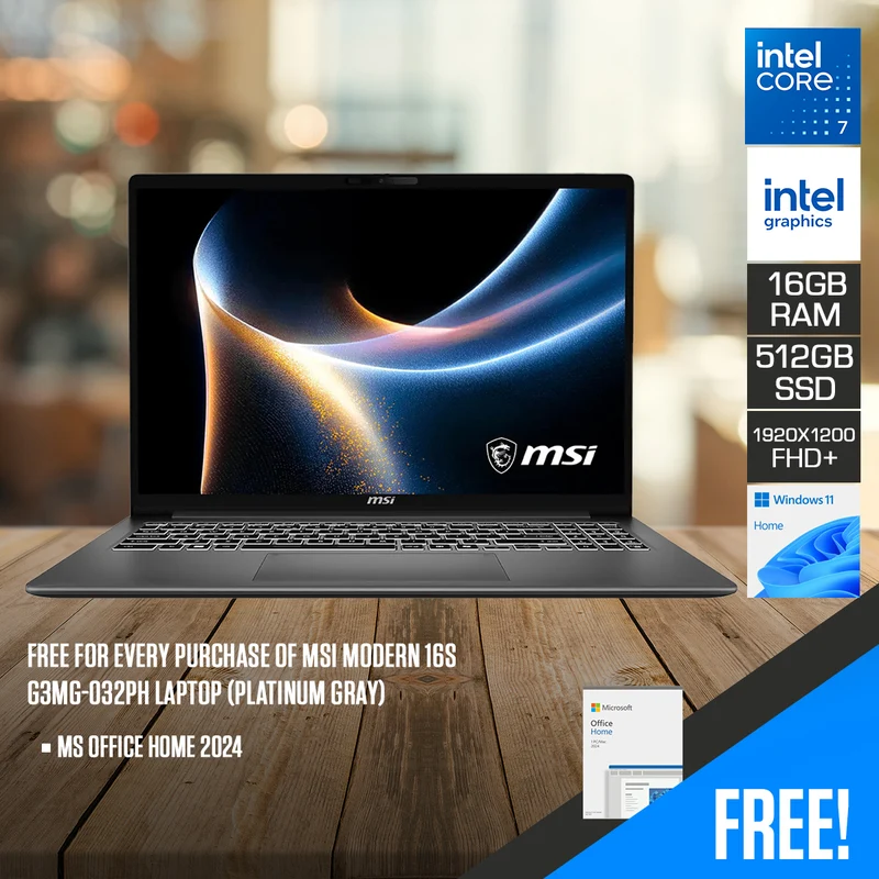 MSI Modern 16S G3MG-032PH Laptop (Platinum Gray) | 16" FHD+ (1920x1200) 120Hz IPS | Core 7 350 | 16GB RAM | 512GB SSD | Intel Graphics | Windows 11 Home | MS Office Home 2024