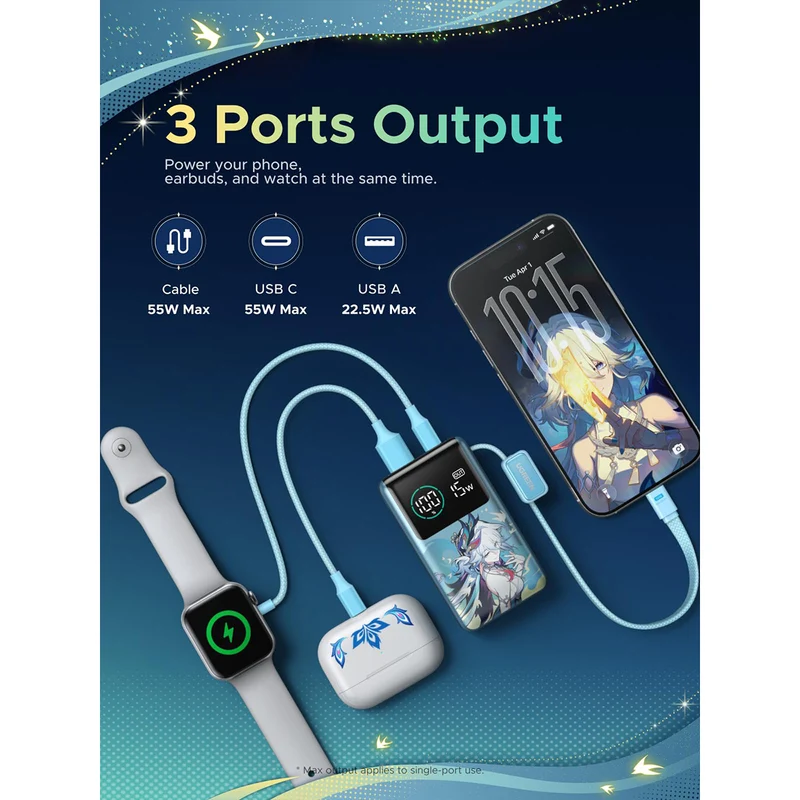 Ugreen x Honkai: Star Rail Nexode Pro 10000mAh 1xUSB-C + 1xUSB-A Power Bank with 1xUSB-C 55W Built-in Cable (PB727/75701SR)