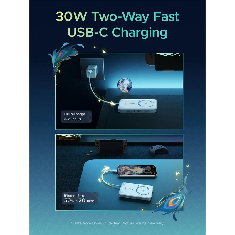 Ugreen x Honkai: Star Rail MagFlow Air 10000mAh 30W 1xUSB-C + 15W Qi2 Magnetic Wireless Fast Charging Power Bank with 30W USB-C Built-in Cable (PB570/75982SR)