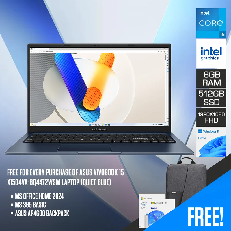 Asus Vivobook 15 X1504VA-BQ4472WSM Laptop (Quiet Blue) | 15.6" FHD (1920x1080) IPS | Core 5 120U | 8GB RAM | 512GB SSD | Intel Graphics | Windows 11 Home | MS Office Home 2024 + MS 365 Basic + ASUS AP4600 Backpack