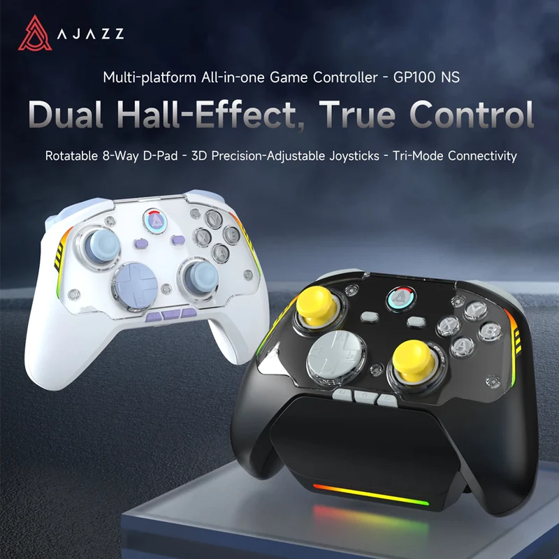 Ajazz GP100 NS Tri-Mode Gaming Controller Set with Hall Effect (Black-Grey-Yellow, Purple-White-Blue)