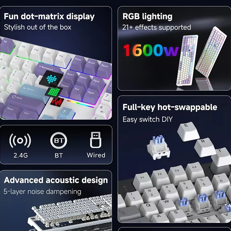 Ajazz AK108 RGB Tri-Mode 108 Keys Dot Matrix Display Mechanical Keyboard (Purple-White-Blue) (Flying Fish Switch V2)