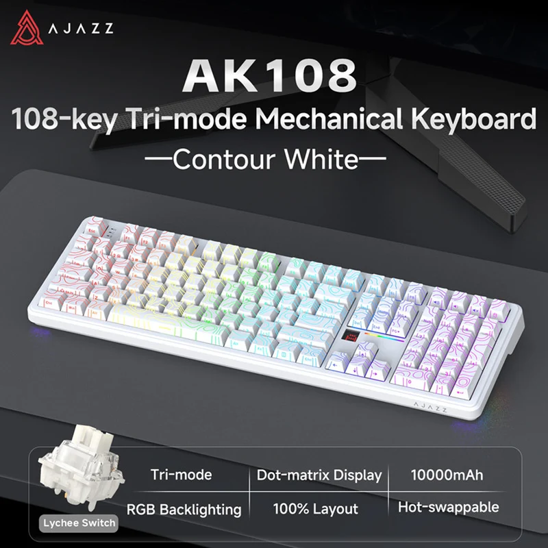 Ajazz AK108 RGB Tri-Mode 108 Keys Dot Matrix Display Mechanical Keyboard (Contour White) (Lichee Switch)