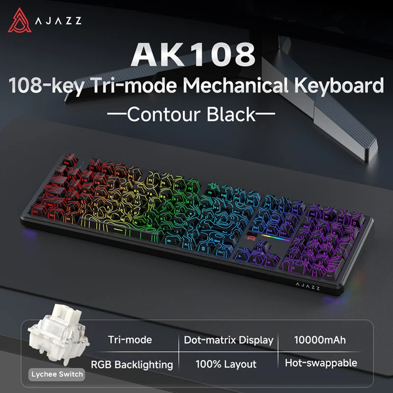 Ajazz AK108 RGB Tri-Mode 108 Keys Dot Matrix Display Mechanical Keyboard (Contour Black) (Lichee Switch)