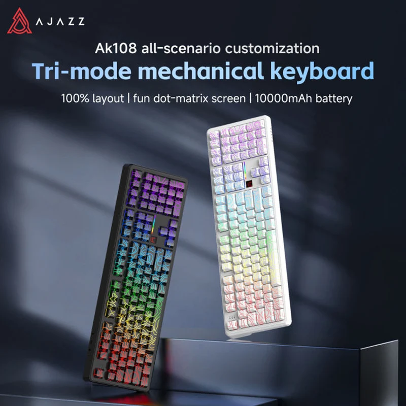 Ajazz AK108 RGB Tri-Mode 108 Keys Dot Matrix Display Mechanical Keyboard (Contour Black) (Lichee Switch)