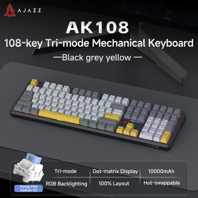 Ajazz AK108 RGB Tri-Mode 108 Keys Dot Matrix Display Mechanical Keyboard (Black-Grey-Yellow) (Flying Fish Switch V2) 1.58
