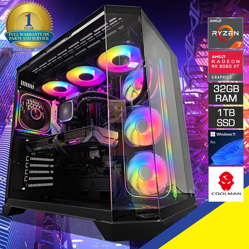 Sophos Luxe Black Desktop Gaming PC | AMD Ryzen 7 9700X | 32GB (2x16GB) RAM | 1TB SSD | RX 9060 XT | Windows 11 Pro
