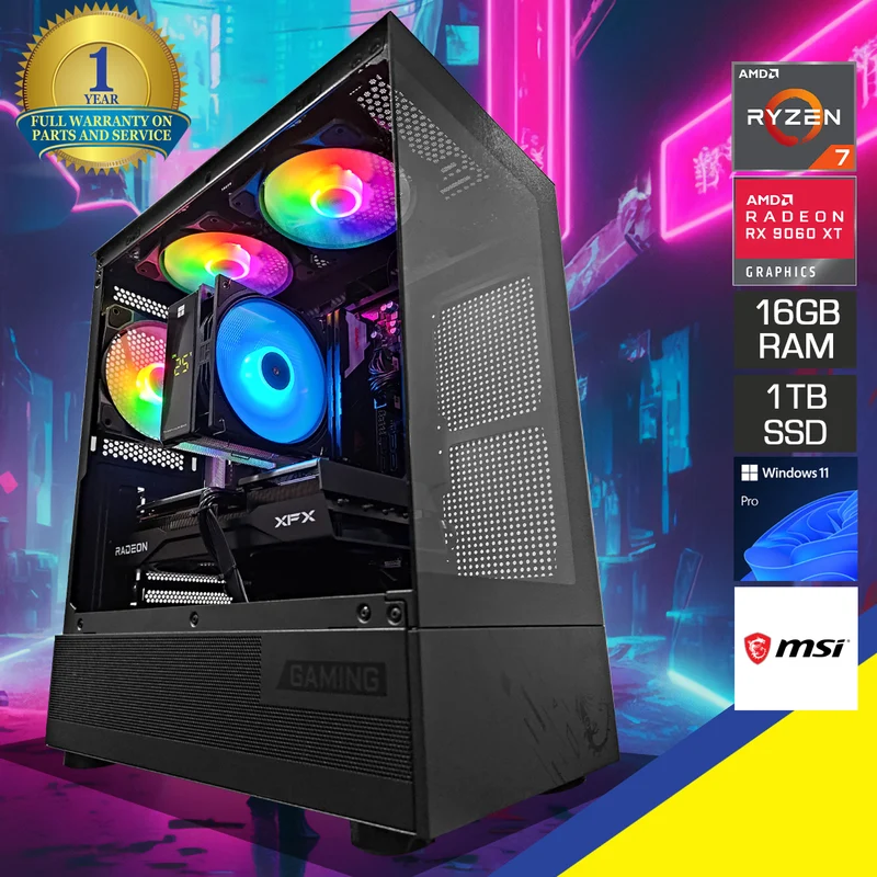 Aurora Pano Black Desktop Gaming PC | AMD Ryzen 7 8700F | 16GB (2x8GB) RAM | 1TB SSD | RX 9060 XT | Windows 11 Pro
