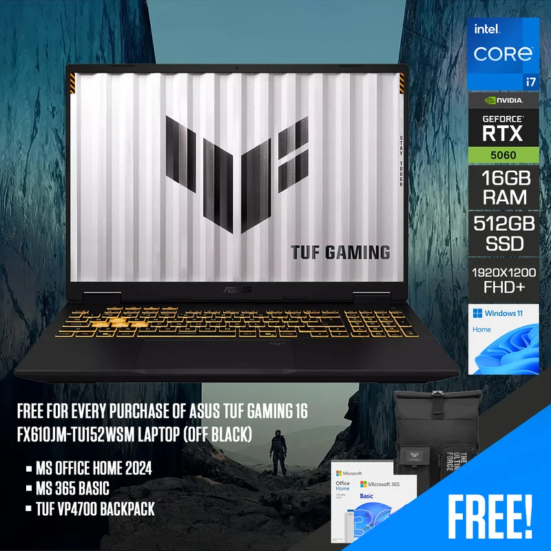 Asus TUF Gaming 16 FX610JM-TU152WSM Laptop (Off Black) | 16" FHD+ (1920x1200) 144Hz IPS | Core i7-14650HX | 16GB RAM | 512GB SSD | RTX 5060 | Windows 11 Home | MS Office Home 2024 + MS 365 Basic + TUF VP4700 Backpack