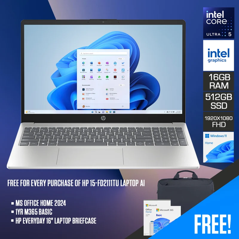 HP 15-fd2111TU Laptop AI | 15.6" FHD (1920x1080) IPS | Core Ultra 5 225U | 16GB RAM | 512GB SSD | Intel Graphics | Windows 11 Home | MS Office Home 2024 + 1yr M365 Basic + HP Everyday 16" Laptop Briefcase