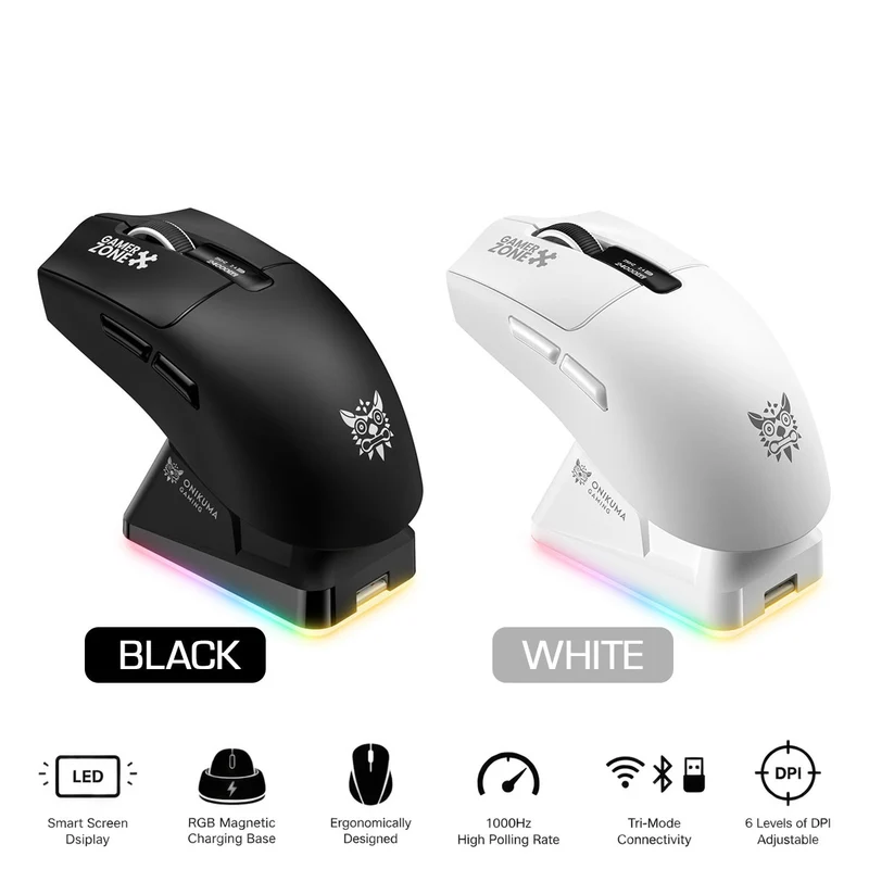 Onikuma DM10 Tri-Mode RGB Wireless Gaming Mouse (Black, White)