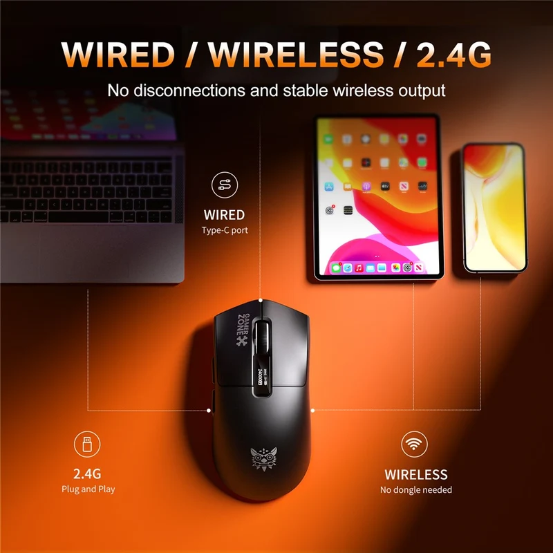 Onikuma DM10 Tri-Mode RGB Wireless Gaming Mouse (Black, White)