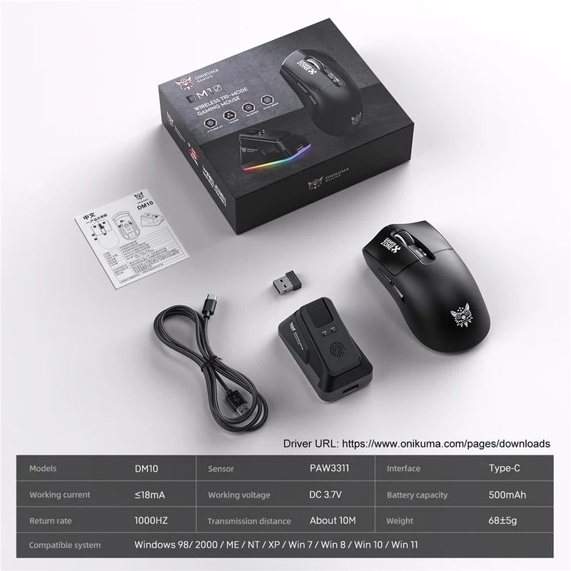 Onikuma DM10 Tri-Mode RGB Wireless Gaming Mouse (Black, White)