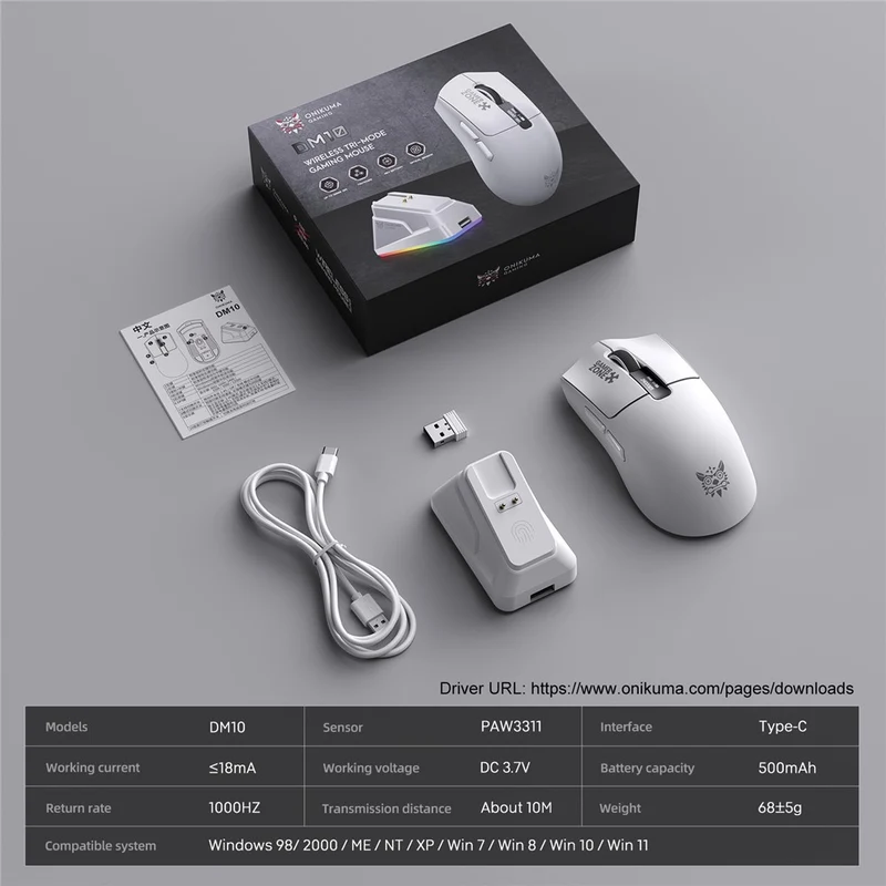 Onikuma DM10 Tri-Mode RGB Wireless Gaming Mouse (Black, White)