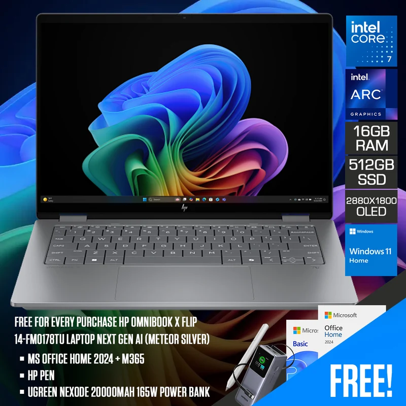HP OmniBook X Flip 14-fm0178TU Laptop Next Gen AI (Meteor Silver) | 14" 3K (2880x1800) OLED Touch | Core Ultra 7 256V | 16GB RAM | 512GB SSD | Intel Arc 140V | Windows 11 Home | MS Office Home 2024 + M365 | HP Pen + Ugreen Nexode 20000Mah 165W Power Bank