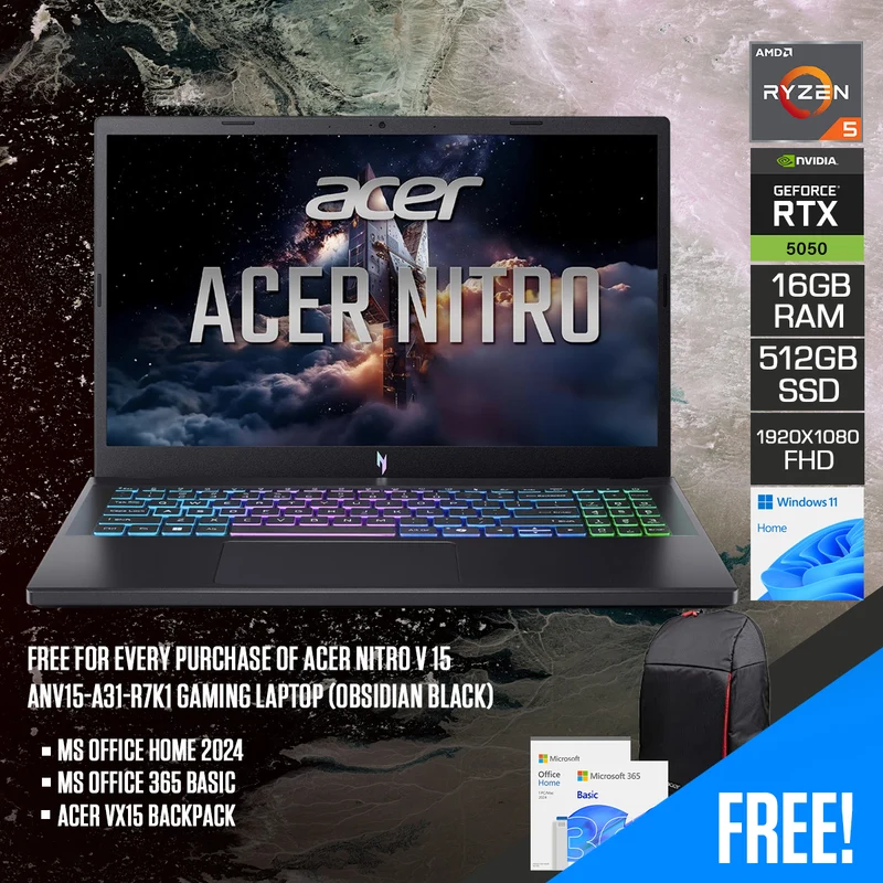 Acer Nitro V 15 ANV15-A31-R7K1 Gaming Laptop (Obsidian Black) | 15.6" FHD (1920x1080) 165Hz IPS | Ryzen 5 150 | 16GB RAM | 512GB SSD | RTX 5050 | Windows 11 Home | MS Office Home 2024 + MS Office 365 Basic + Acer VX15 Backpack