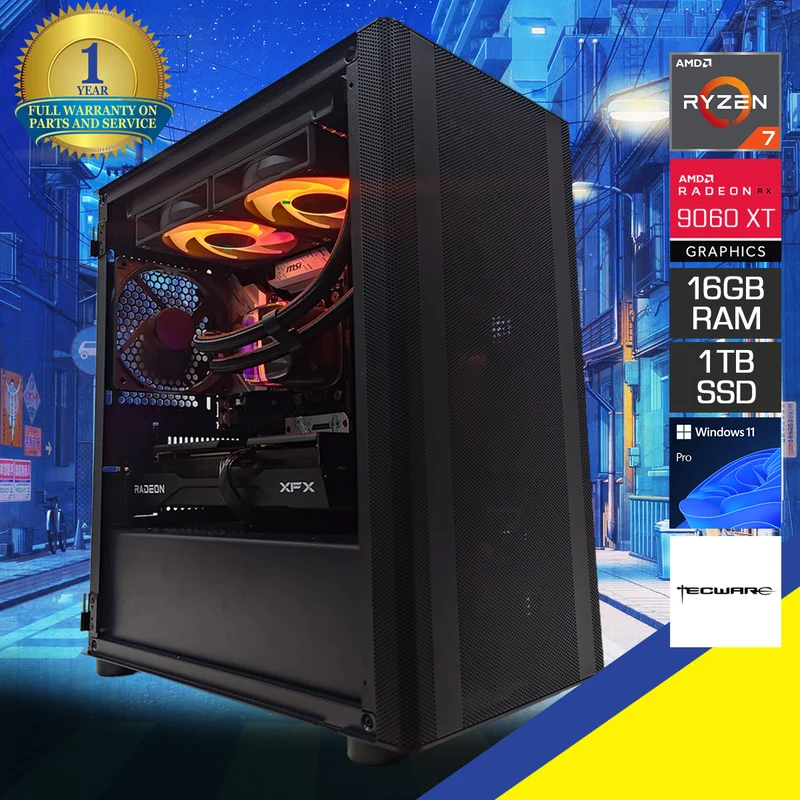 Aurora Flatline Black Desktop Gaming PC | AMD Ryzen 7 8700F | 16GB (2x8GB) RAM | 1TB SSD | RX 9060 XT | Windows 11 Pro