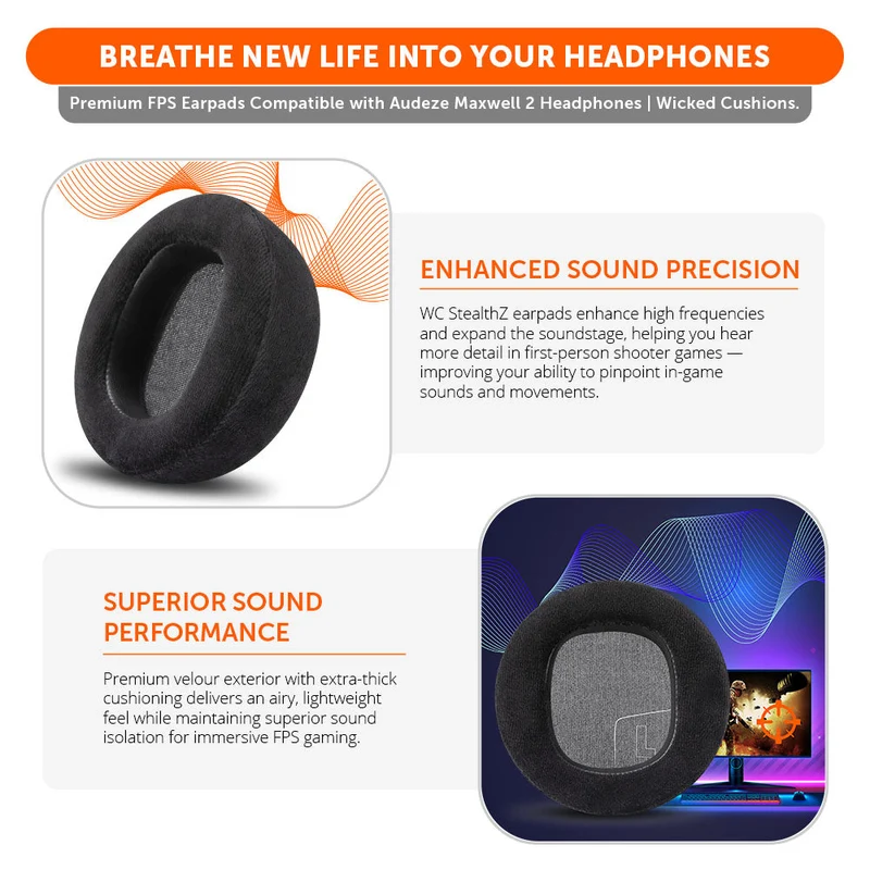 Wicked Cushions Audeze Maxwell 2 Earpads - WC StealthZ (Black) (StealthZ-Maxwell2-B)