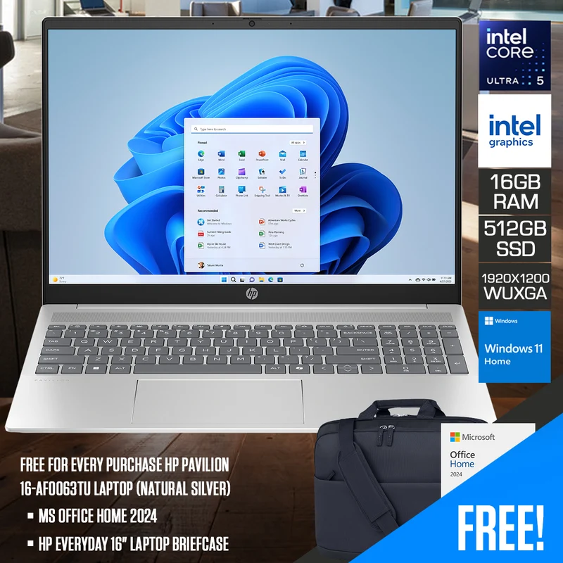 HP Pavilion 16-af0063TU Laptop (Natural Silver) | 16" WUXGA (1920x1200) IPS | Ultra 5 125U | 16GB RAM | 512GB SSD | Intel Graphics | Windows 11 Home | MS Office Home & Student + HP Everyday 16" Laptop Briefcase