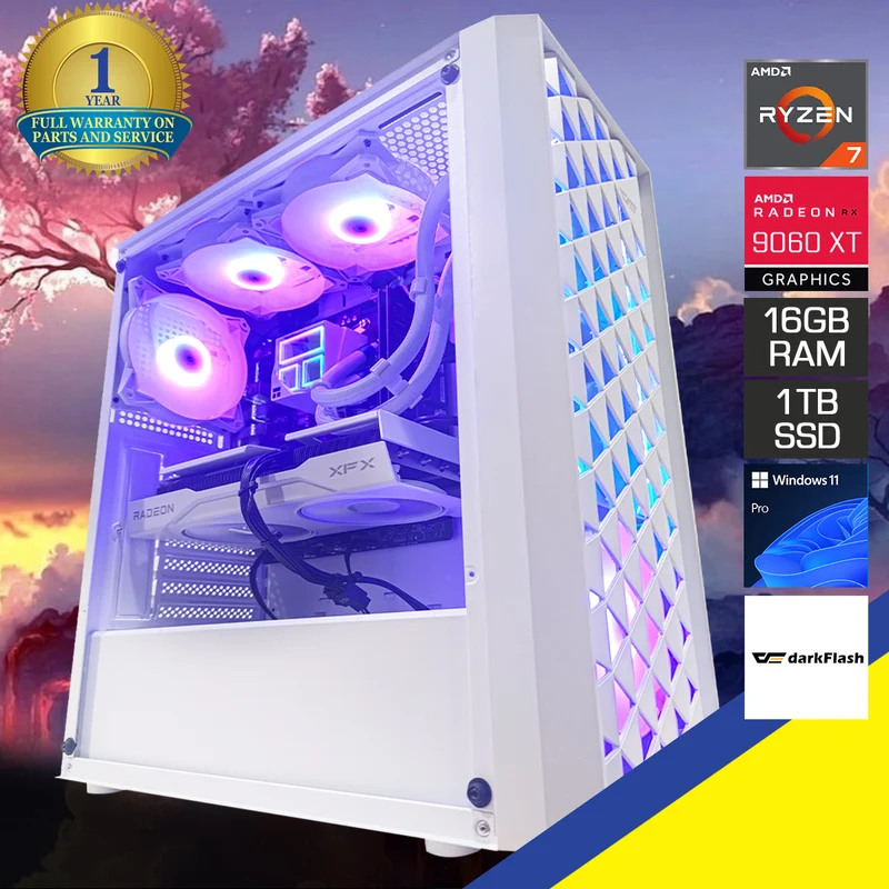 Aurora DK351 White Desktop Gaming PC | AMD Ryzen 7 8700F | 16GB (2x8GB) RAM | 1TB SSD | RX 9060 XT | Windows 11 Pro