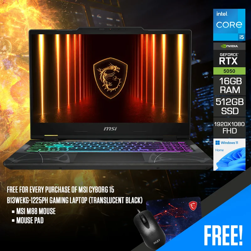 MSI Cyborg 15 B13WEKG-1225PH Gaming Laptop (Translucent Black) | 15.6" FHD (1920x1080) 144Hz IPS | Core i5-13420H | 16GB RAM | 512GB SSD | RTX 5050 | Windows 11 Home | MSI M88 Mouse + Mouse Pad