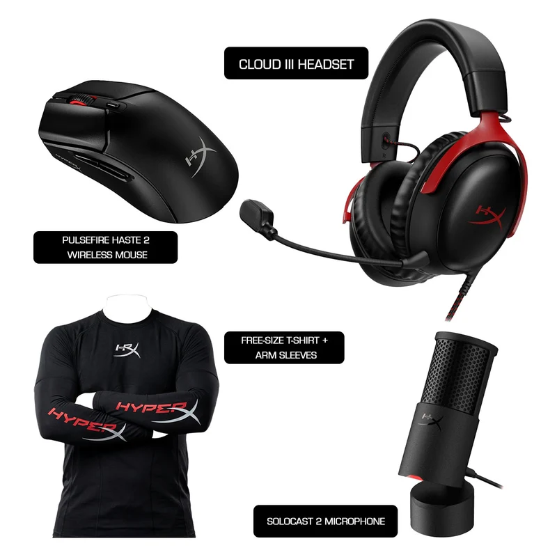 HyperX Merch Bundle 2026 (Cloud III Headset + Solocast 2 Microphone + Pulsefire Haste 2 Wireless Mouse + Free-Size T-Shirt + Arm Sleeves)