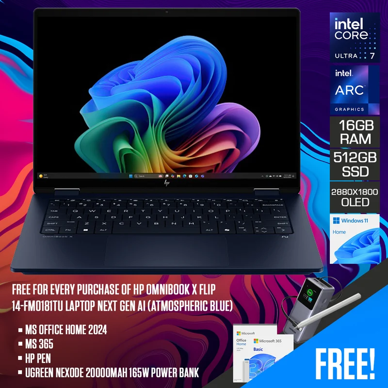 HP OmniBook X Flip 14-fm0181TU Laptop Next Gen AI (Atmospheric Blue) | 14" 3K (2880x1800) OLED Touch | Core Ultra 7 256V | 16GB RAM | 512GB SSD | Intel Arc 140V | Windows 11 Home | MS Office Home 2024 + M365 | HP Pen+Ugreen Nexode 20000Mah 165W Power Bank