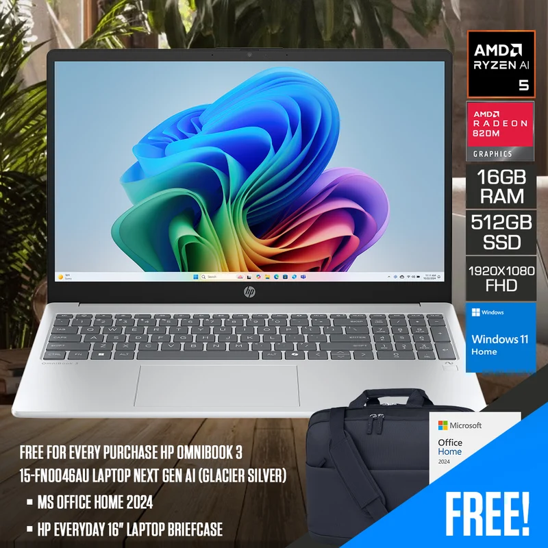 HP OmniBook 3 15-fn0046AU Laptop Next Gen AI (Glacier Silver) | 15.6" FHD (1920x1080) IPS | Ryzen AI 5 330 | 16GB RAM | 512GB SSD | AMD Radeon 820M Graphics | Windows 11 Home | MS Office Home 2024 + HP Everyday 16" Laptop Briefcase