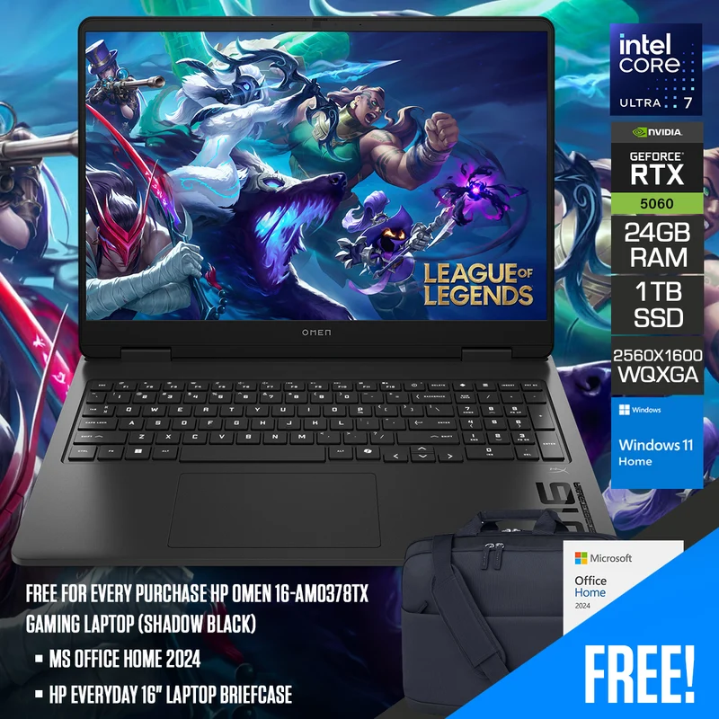 HP OMEN 16-am0378TX Gaming Laptop (Shadow Black) | 16 WQXGA (2560x1600) 240Hz IPS | Core Ultra 7 255H | 24GB RAM | 1TB SSD | RTX 5060 | Windows 11 Home Single | MS Office Home 2024 + HP Everyday 16" Laptop Briefcase