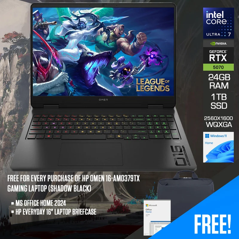 HP OMEN 16-am0379TX Gaming Laptop (Shadow Black) | 16" WQXGA (2560x1600) 240Hz IPS | Core Ultra 7 255H | 24GB RAM | 1TB SSD | RTX 5070 | Windows 11 Home | MS Office Home 2024 + HP Everyday 16" Laptop Briefcase