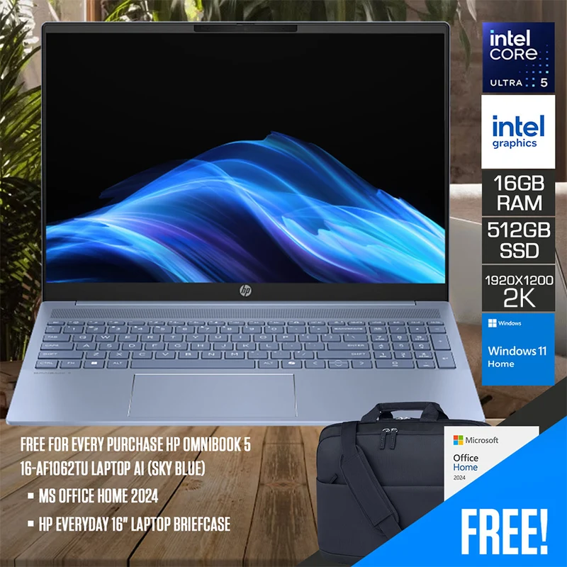 HP OmniBook 5 16-af1062TU Laptop AI (Sky Blue) | 16" 2K (1920x1200) IPS | Core Ultra 5 225U | 16GB RAM | 512GB SSD | Intel Graphics | Windows 11 Home | MS Office Home 2024 + HP Everyday 16" Laptop Briefcase