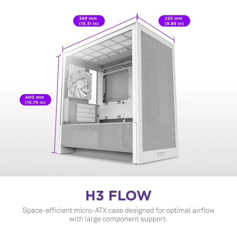 NZXT H3 Flow Micro-ATX Airflow PC Case with RGB Fans (Black, White) (CC-H31FB-R1, CC-H31FW-R1)