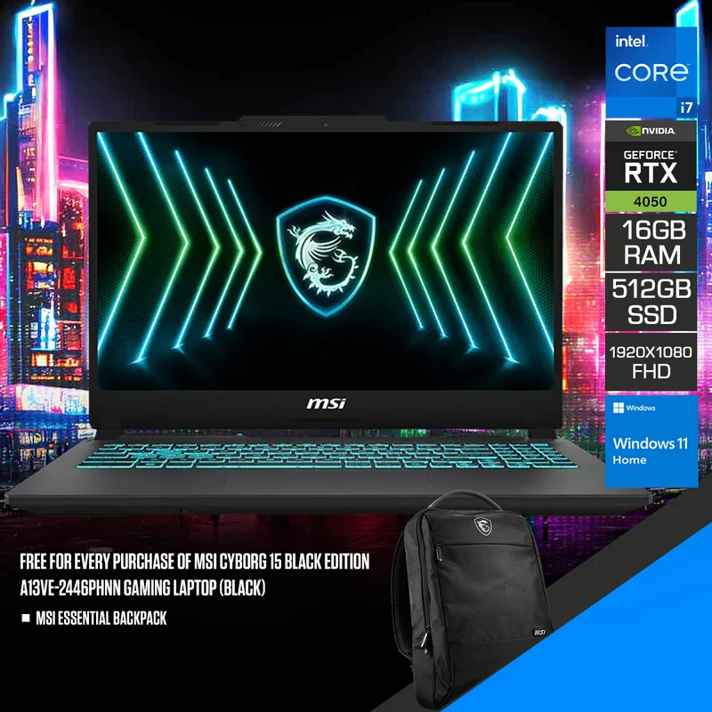 MSI Cyborg 15 Black Edition A13VE-2446PHNN Gaming Laptop (Black) | 15.6" FHD (1920x1080) 144Hz IPS | Core i7-13620H | 16GB RAM | 512GB SSD | RTX 4050 | Windows 11 Home + MSI Essential Backpack
