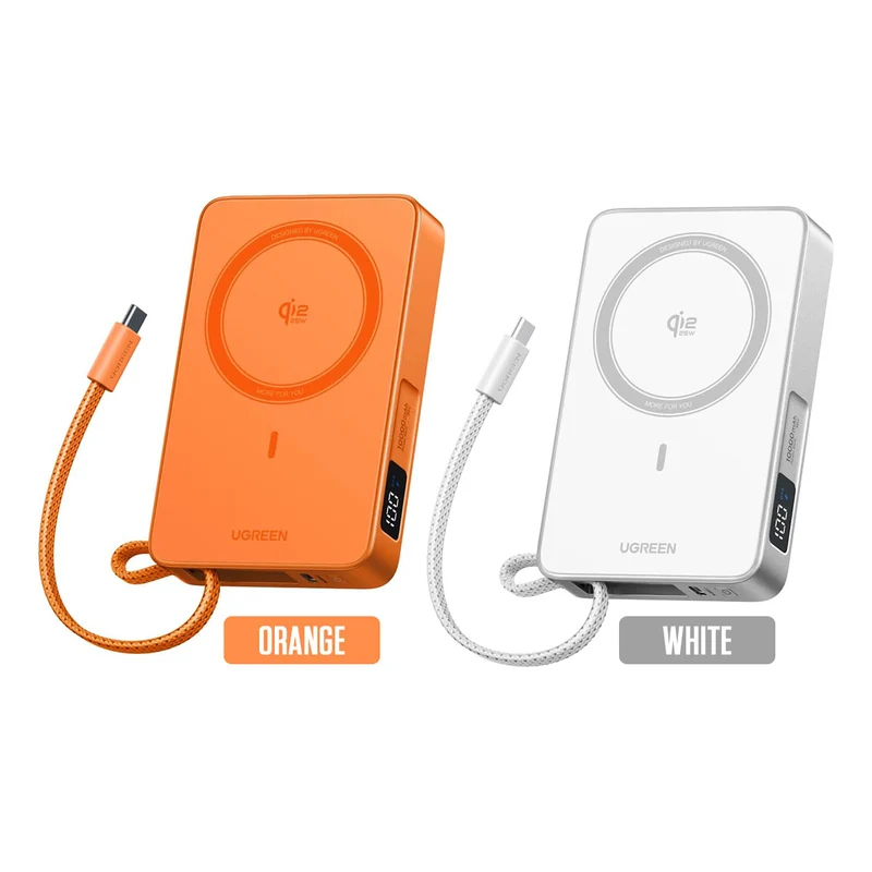 Ugreen MagFlow 10000mAh 30W USB-C + 25W Qi2 Magnetic Wireless Fast Charging Power Bank with Built-In USB-C Cable (Orange, White)
