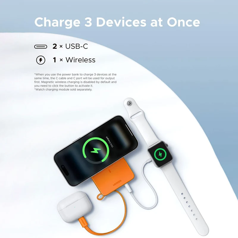 Ugreen MagFlow 10000mAh 30W USB-C + 25W Qi2 Magnetic Wireless Fast Charging Power Bank with Built-In USB-C Cable (Orange, White)