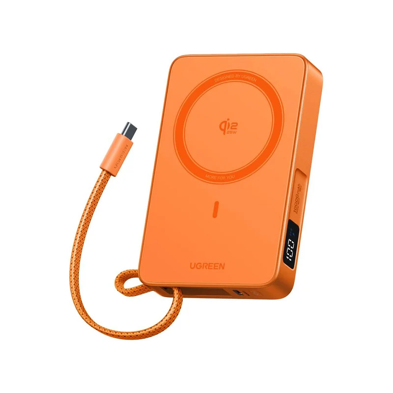 Ugreen MagFlow 10000mAh 30W USB-C + 25W Qi2 Magnetic Wireless Fast Charging Power Bank with Built-In USB-C Cable (Orange, White)