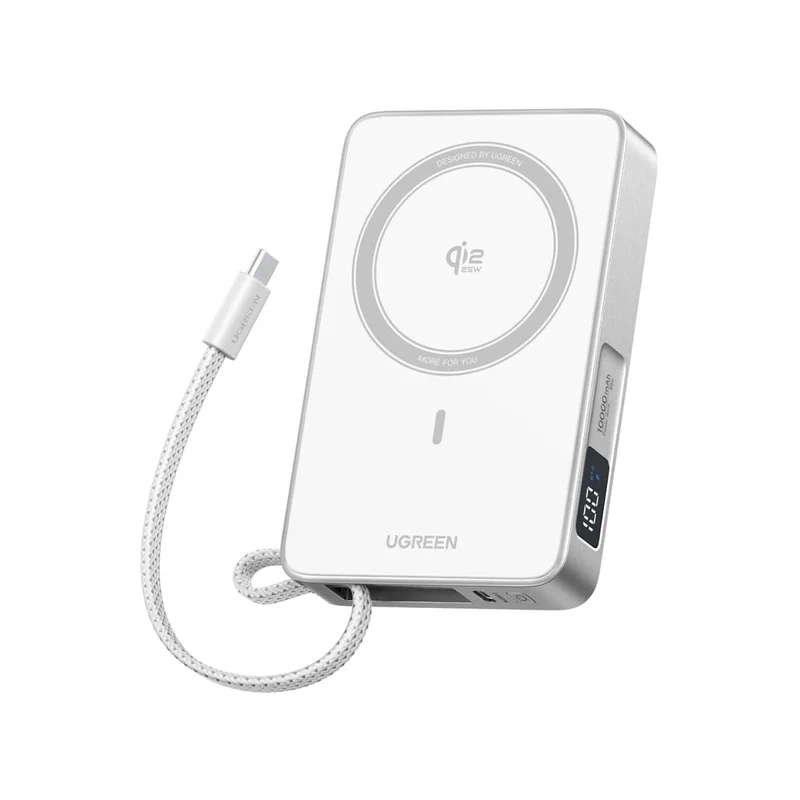 Ugreen MagFlow 10000mAh 30W USB-C + 25W Qi2 Magnetic Wireless Fast Charging Power Bank with Built-In USB-C Cable (Orange, White)
