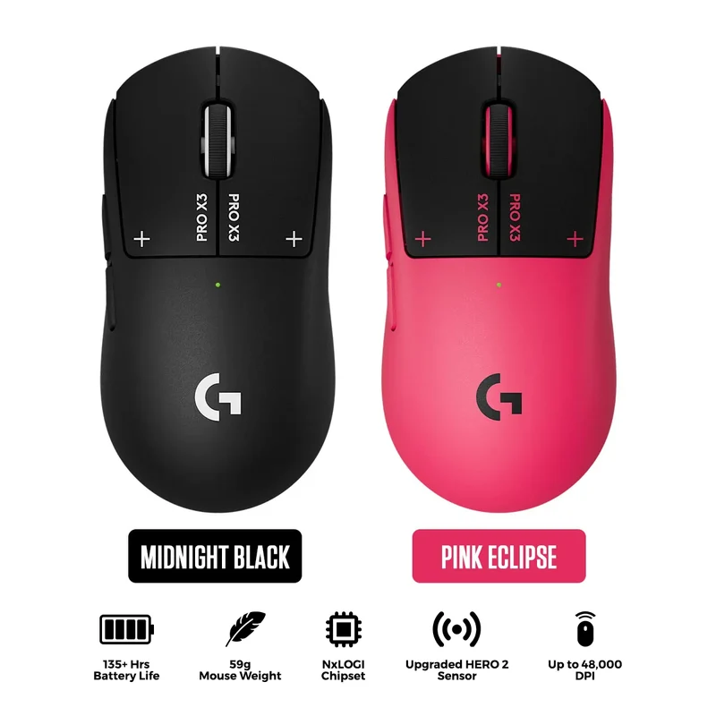 Logitech Pro X3 Superstrike Lightspeed Wireless Gaming Mouse (Midnight Black, Pink Eclipse)