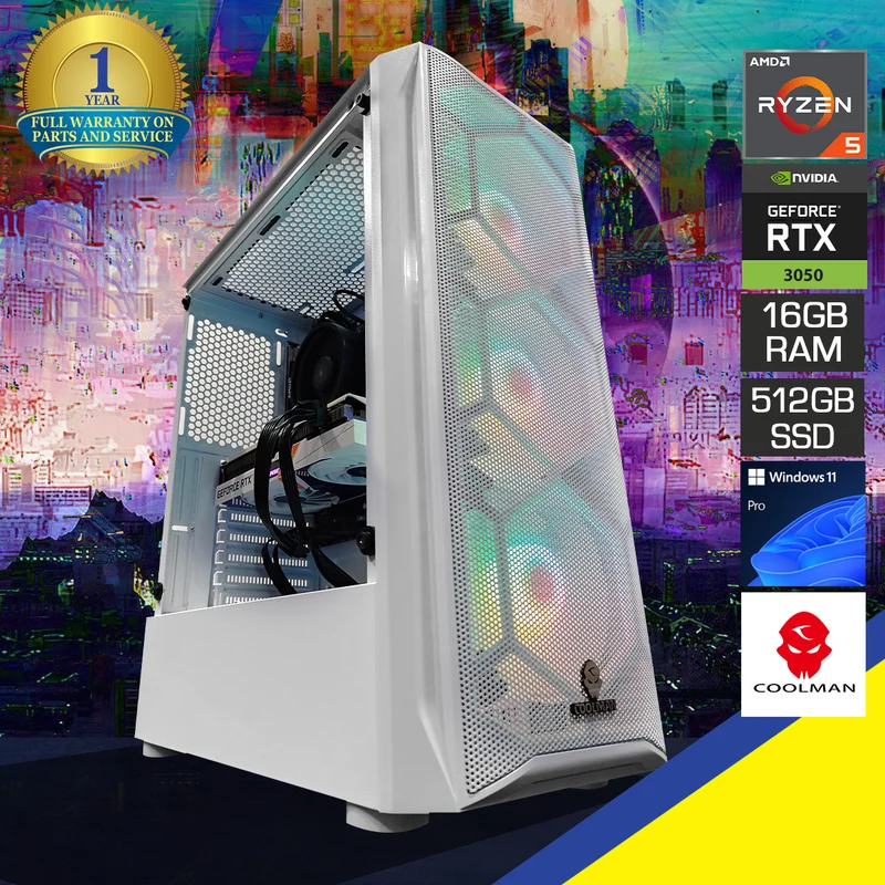 Alpha Aurora White Desktop Gaming PC | AMD Ryzen 5 5500 | 16GB (2x8GB) RAM | 512GB SSD | RTX 3050 | Windows 11 Pro