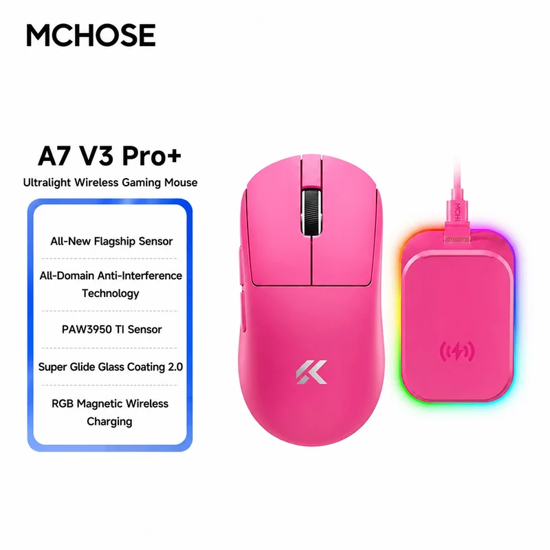 MCHOSE A7 V3 Pro+ Tri-Mode Lightweight eSports Gaming Mouse (Berry Red, White)