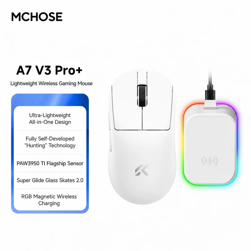 MCHOSE A7 V3 Pro+ Tri-Mode Lightweight eSports Gaming Mouse (Berry Red, White)