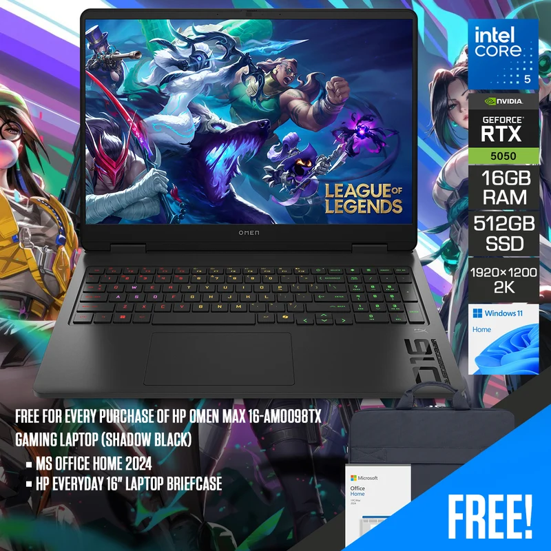 HP Omen Max 16-am0098TX Gaming Laptop (Shadow Black) | 16" 2K (1920x1200) 165Hz IPS | Core 5 210H | 16GB RAM | 512GB SSD | RTX 5050 | Windows 11 Home | MS Office Home 2024 + HP Everyday 16" Laptop Briefcase