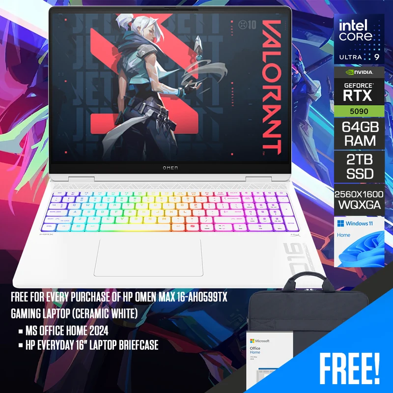 HP Omen Max 16-ah0599TX Gaming Laptop (Ceramic White) | 16" WQXGA (2560x1600) 240Hz OLED | Core Ultra 9 275HX | 64GB RAM | 2TB SSD | RTX 5090 | Windows 11 Home | MS Office Home 2024 + HP Everyday 16" Laptop Briefcase
