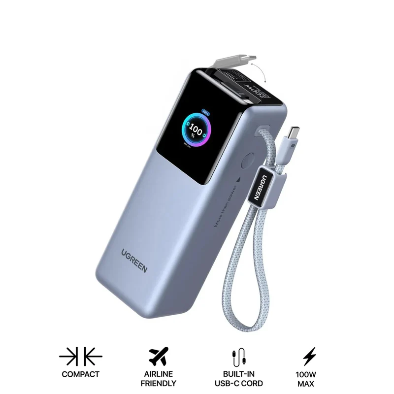 Ugreen 25000mAh 200W 1xUSB-C + 1xUSB-A Power Bank with 1xUSB-C Built-in Cable & 1xUSB-C 100W Built-in Retractable Cable (Light Blue) (PB728/75702B)