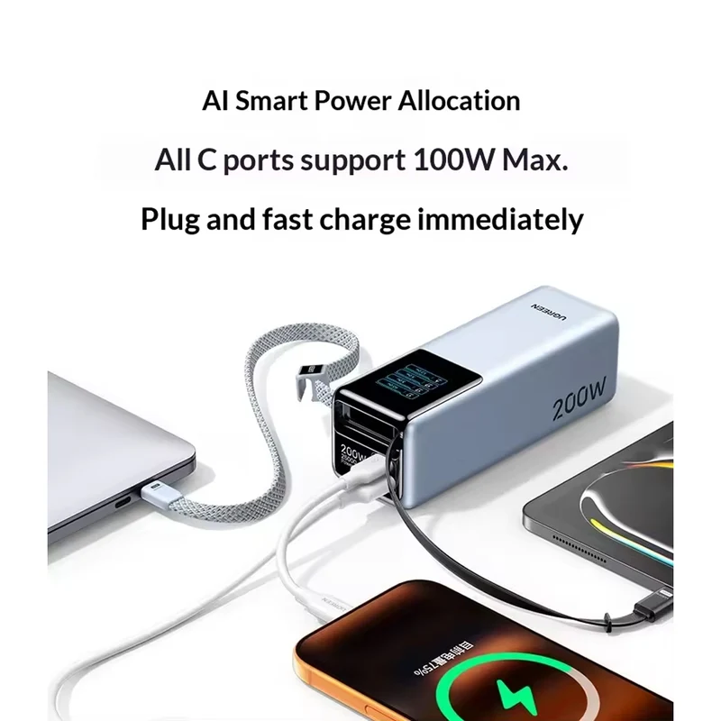 Ugreen 25000mAh 200W 1xUSB-C + 1xUSB-A Power Bank with 1xUSB-C Built-in Cable & 1xUSB-C 100W Built-in Retractable Cable (Light Blue) (PB728/75702B)